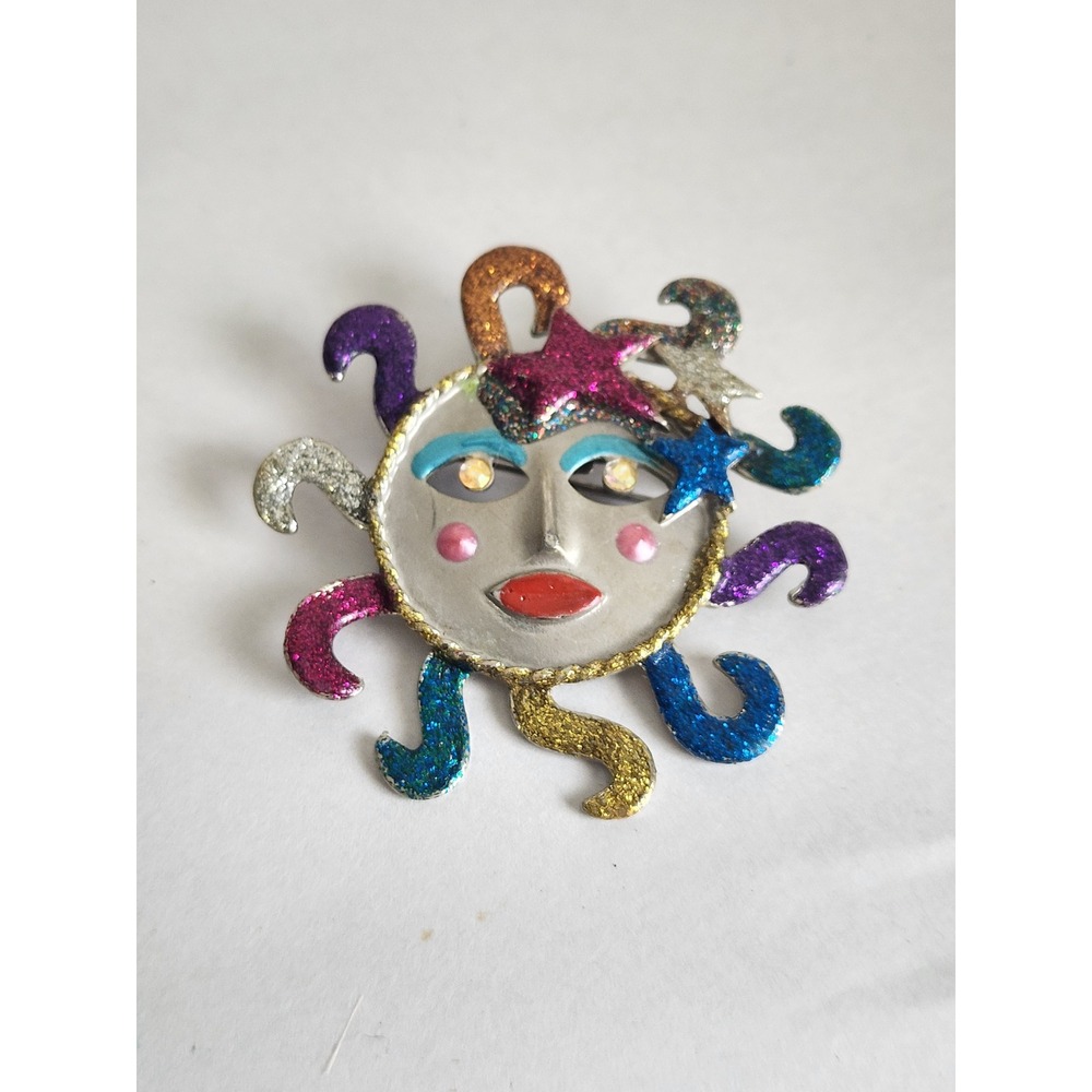 Vintage JJ Jonette Celestial Sun Moon Stars Glitter Face Brooch Pin Signed OJJ.